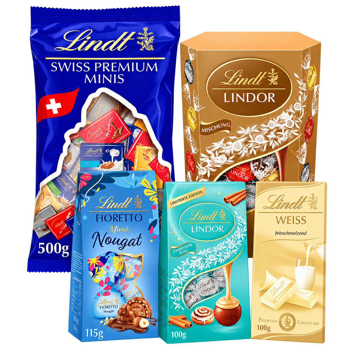 Lindt Weihnachtsbox Große Weihnachtsbox – 1,315 kg SB127 – enthaltene Produkte auf transparentem Hintergrund