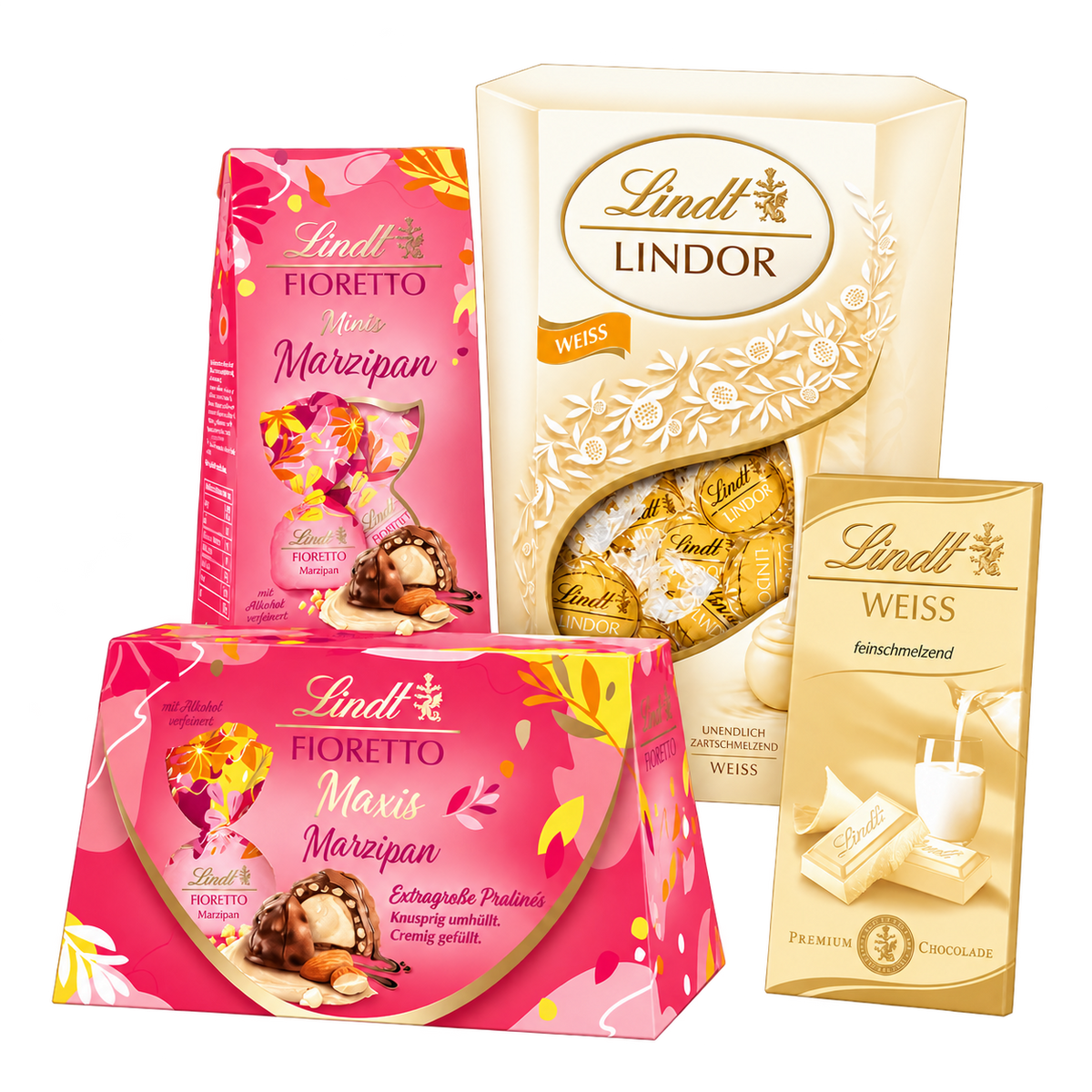 Lindt Weihnachtsbox Weiße Weihnachten – 853 g SB128 – enthaltene Produkte auf transparentem Hintergrund
