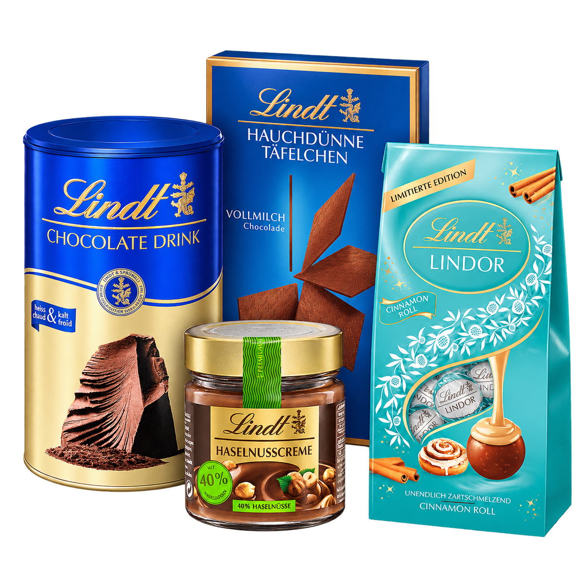 Lindt Weihnachtsbox Winter Kakao Genuss – 745 g SB129 – enthaltene Produkte auf transparentem Hintergrund