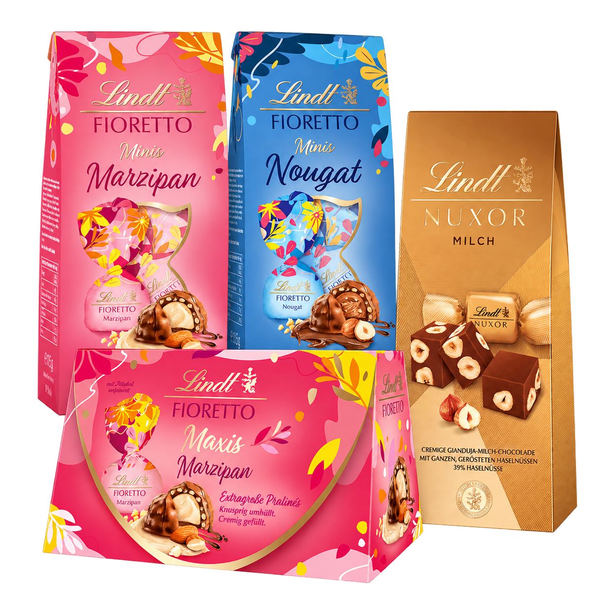 Lindt Weihnachtsbox Marzipan & Nougat – 471 g SB130 – enthaltene Produkte auf transparentem Hintergrund