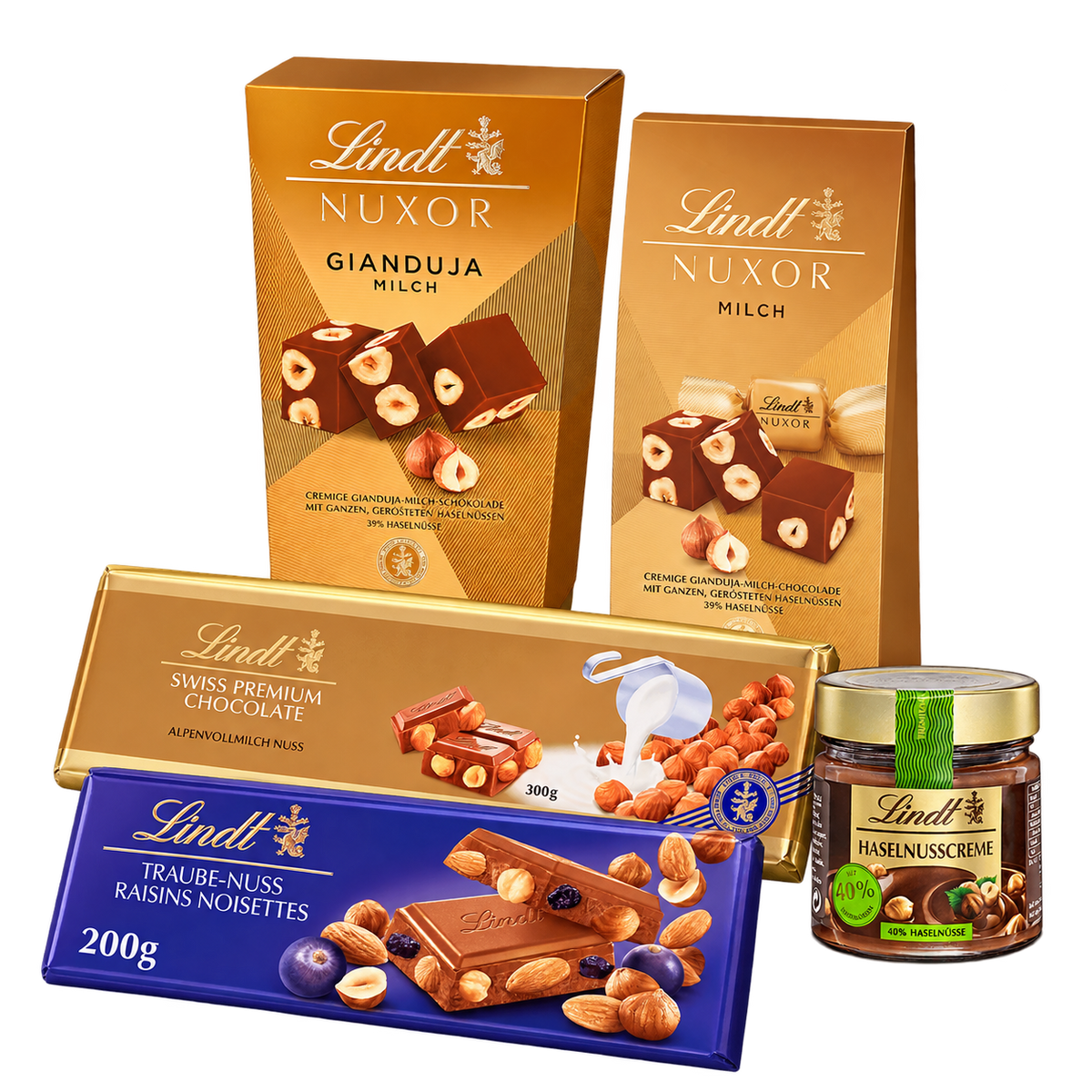 Lindt Weihnachtsbox Schokolade & Nuss – 973 g SB131 – enthaltene Produkte auf transparentem Hintergrund