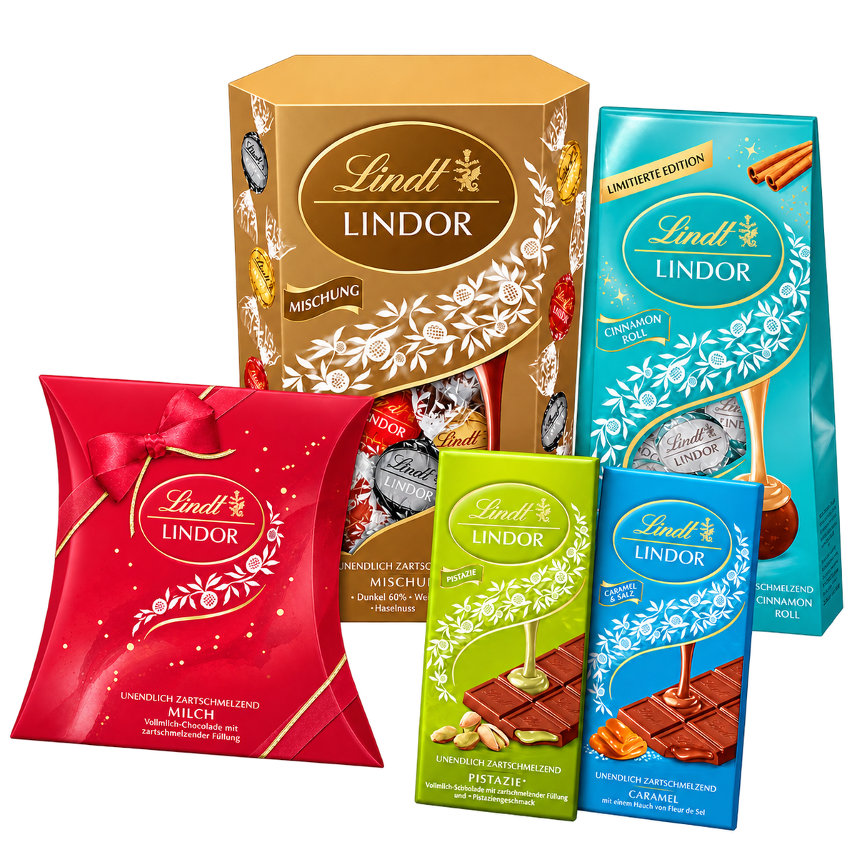 Lindt Weihnachtsbox LINDOR XXL – 1,05 kg SB132 – enthaltene Produkte auf transparentem Hintergrund