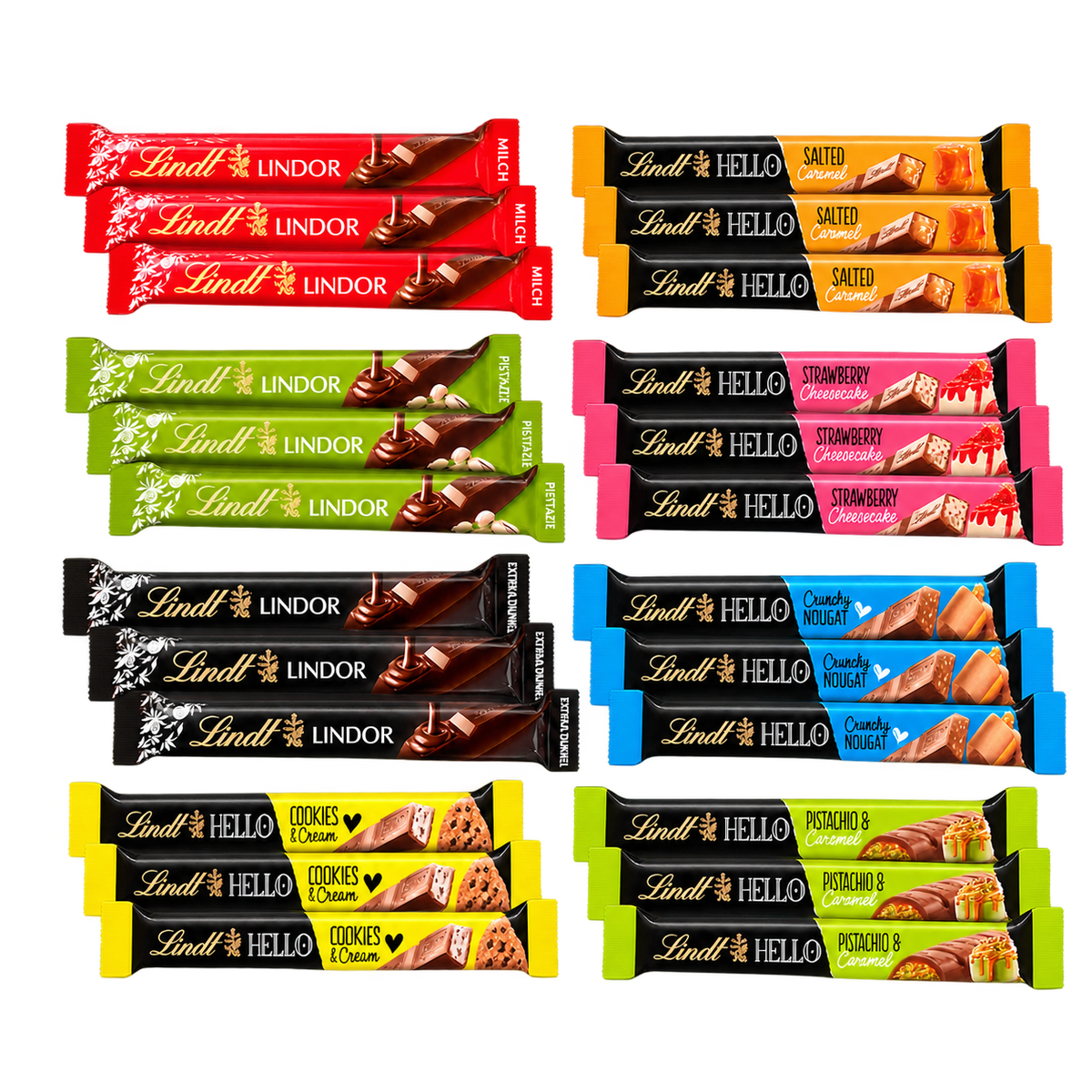 Lindt LINDOR & HELLO Weihnachtsbox – 24 Riegel ca. 920 g SB133 – enthaltene Produkte auf transparentem Hintergrund