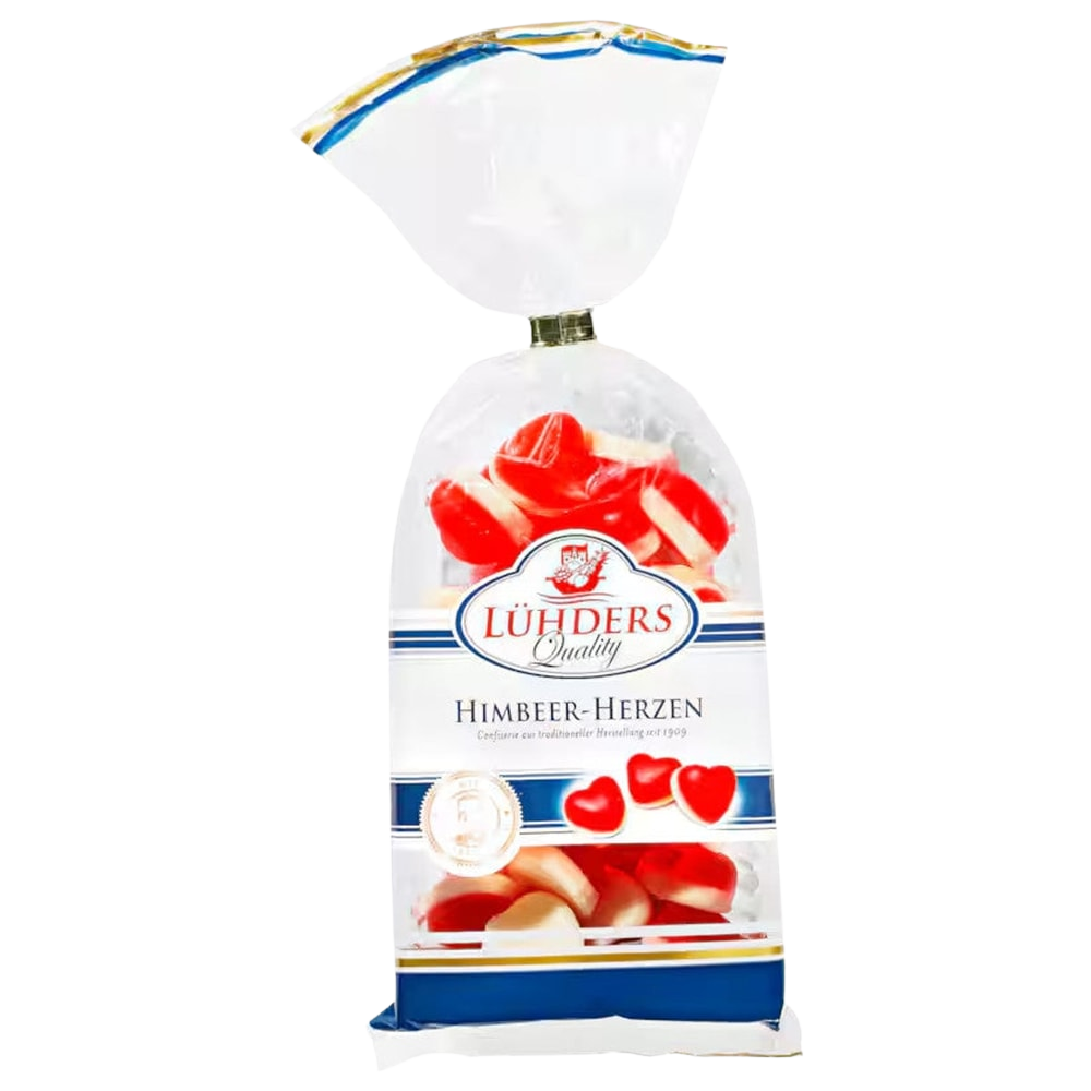 Lühders Himbeer Herzen Fruchtgummi Vanilleschaum 200g