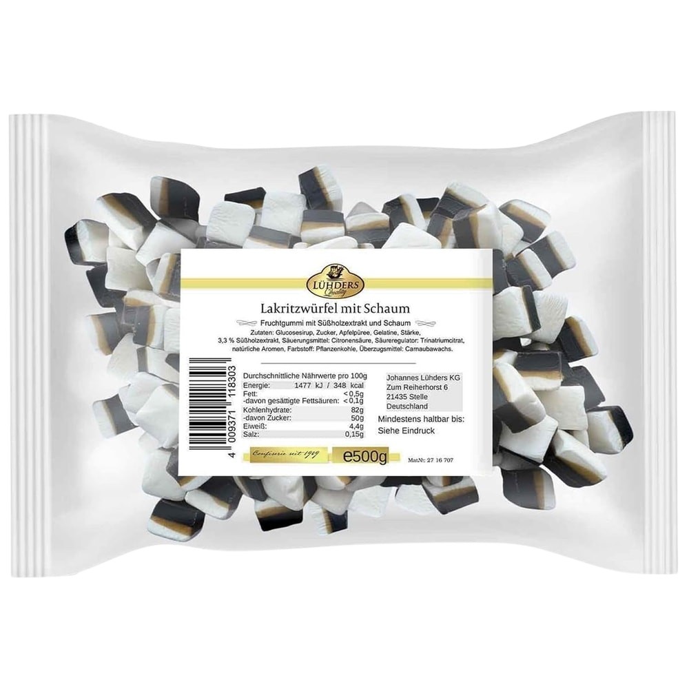 Lühders Lakritz Fruchtgummi Würfel Schaum 500g