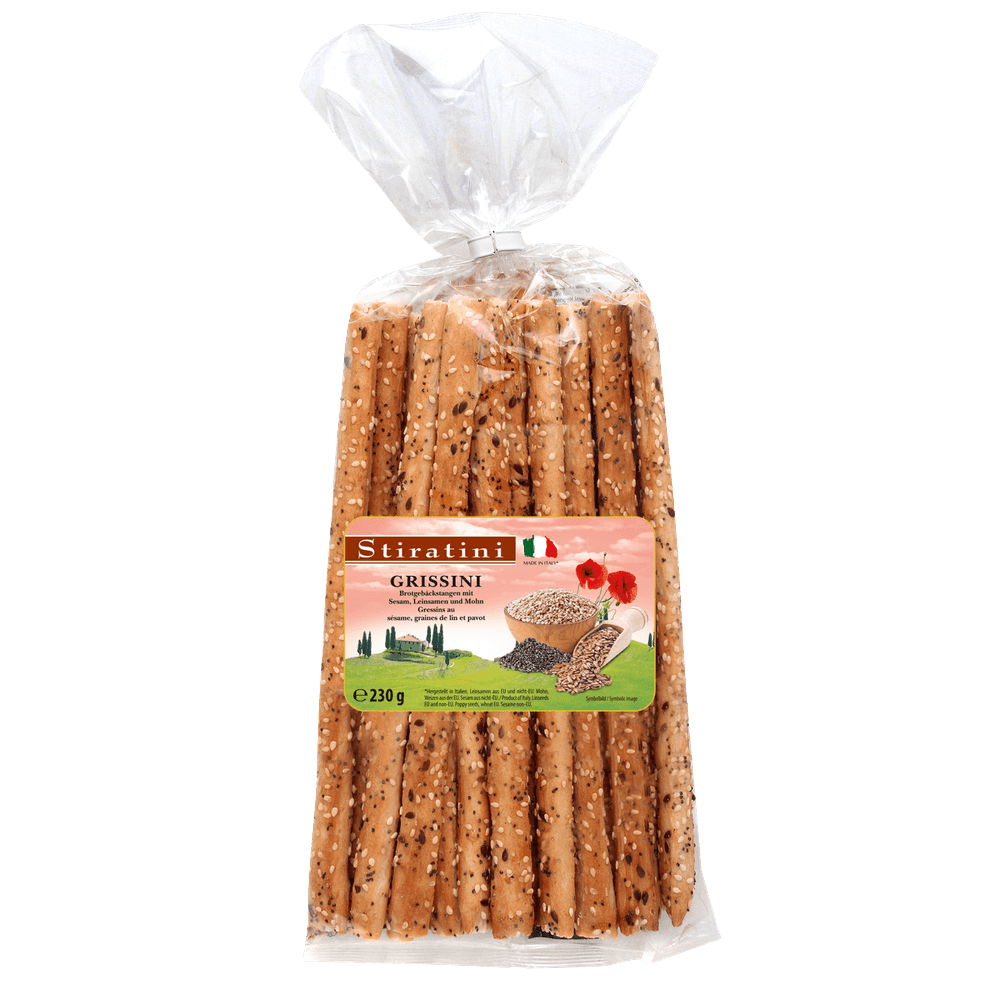 Stiratini Grissini Brotgebäckstangen mit Leinsamen, Sesam und Mohn 230g
