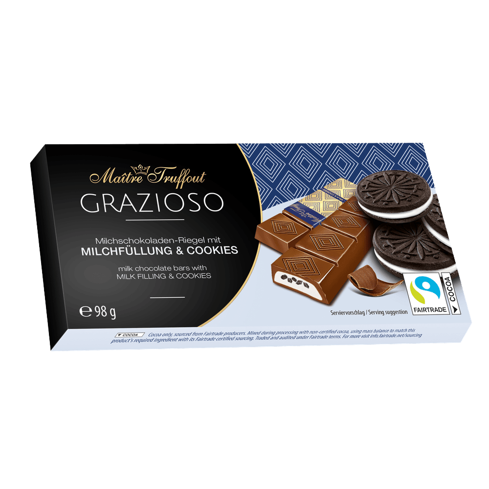 Maitre Truffout Grazioso Milchschokolade mit Milchcreme und Kakaokeksstücken 98g