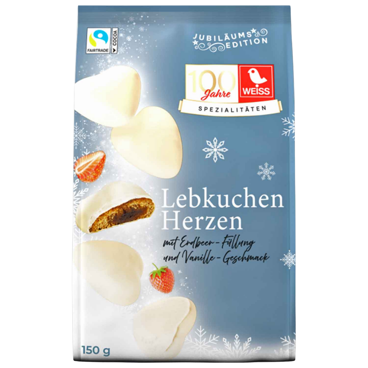 Weiss Lebkuchen-Herzen Erdbeer-Vanille & weiße Schokolade 150 g – eine Originalpackung