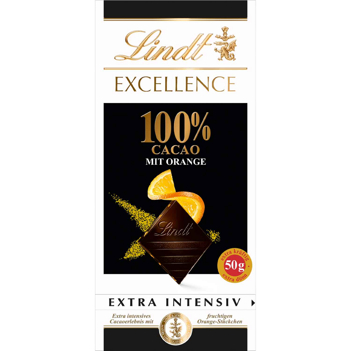 Lindt EXCELLENCE 100% Cacao & Orange Extra Intensiv, 50 g – Originalverpackung