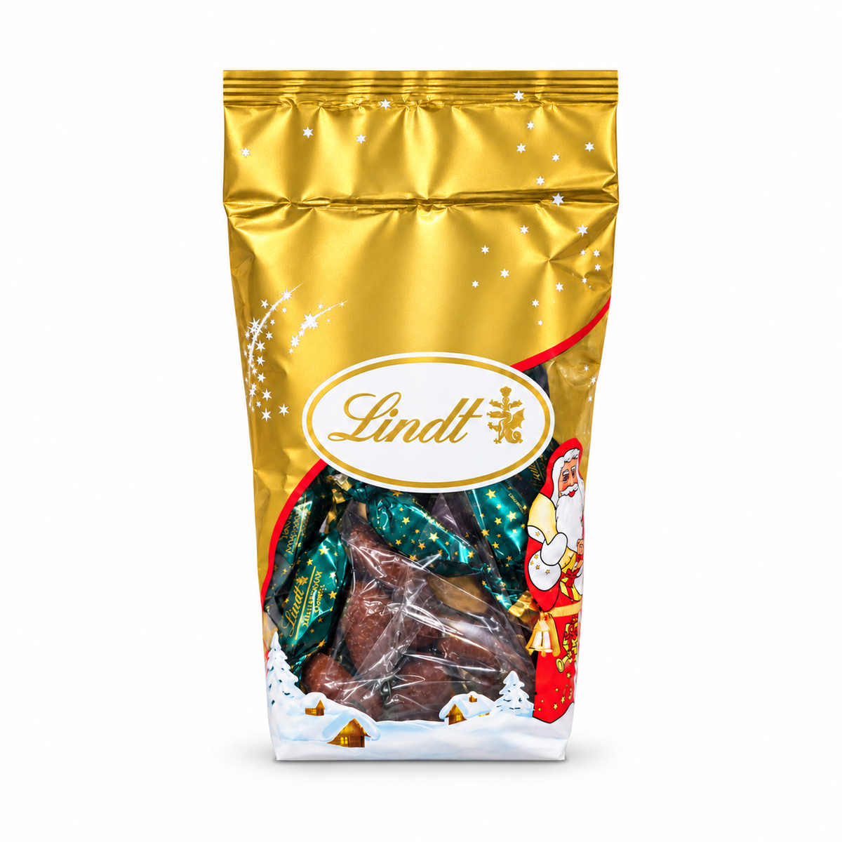 Lindt Blätterkrokant-Zapfen 600 g – Produktbeutel vor weißem Hintergrund