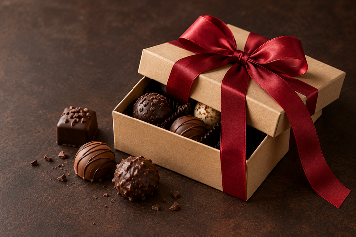 Geschenkbox mit roter Schleife und Pralinen