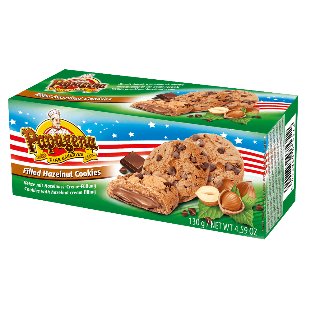 Papagena Choco Chip Cookies mit Haselnusscremefüllung 130g