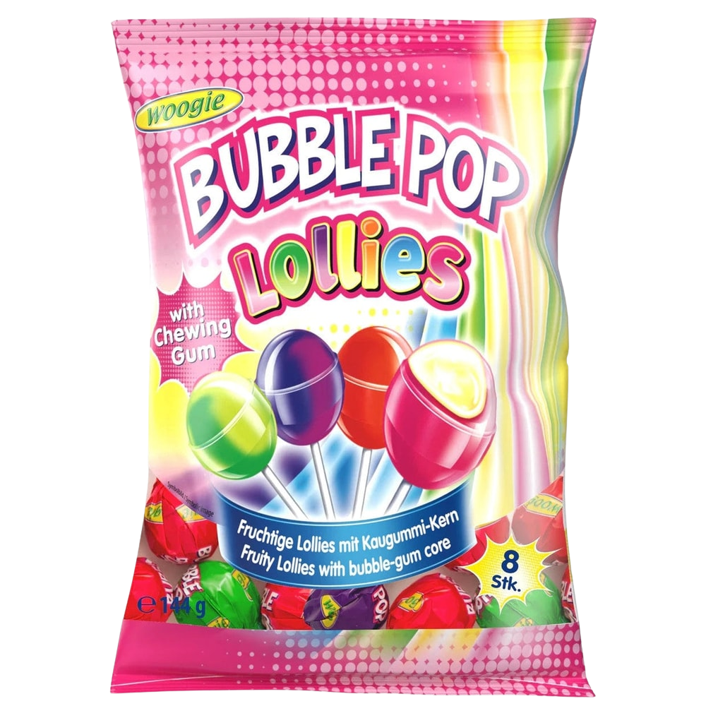 Woogie Bubble Pop Lollies Frucht Lutscher mit Kaugummi 144g