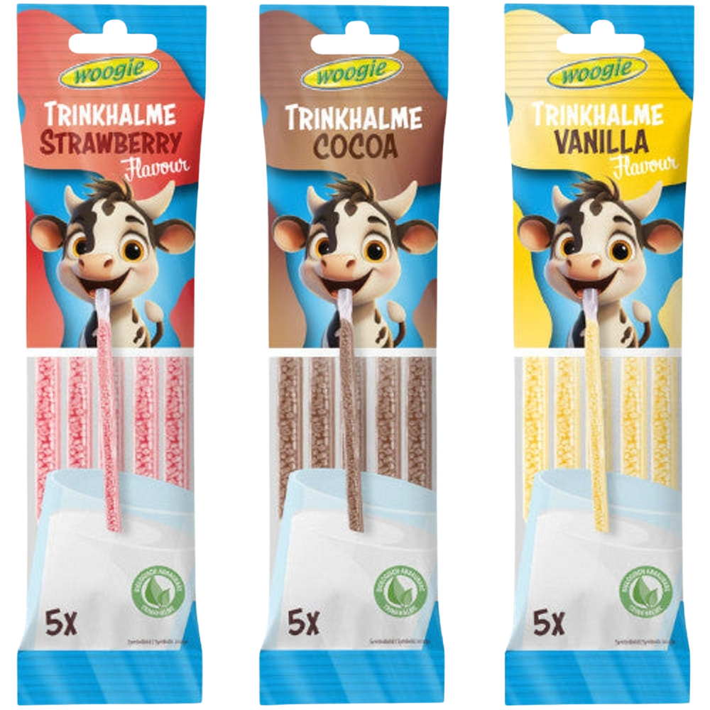 Woogie Trinkhalme Vanille Kakao Erdbeere 30g 5x6g Zuckerperlen