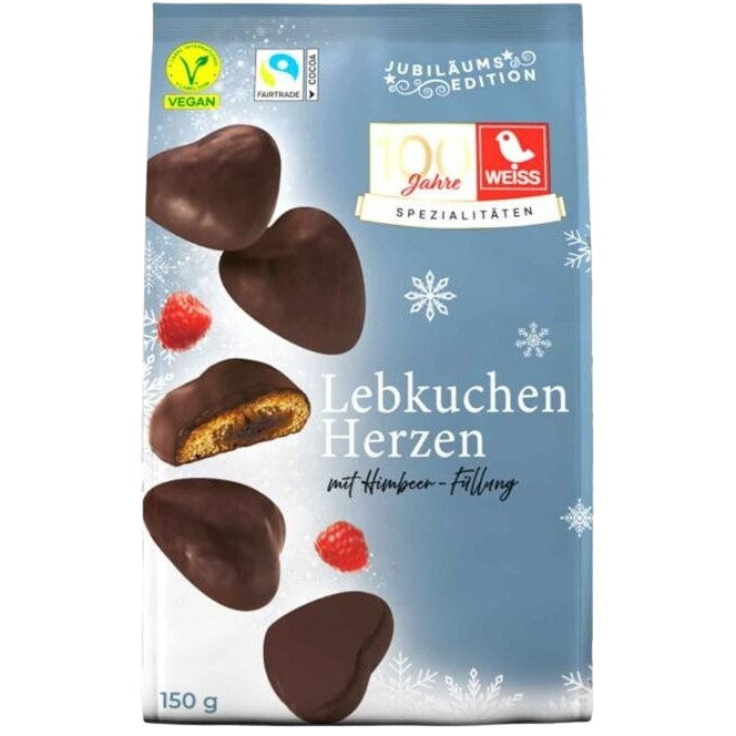 Weiss Gefüllte Lebkuchen-Herzen Zartbitter Himbeere 150 g
