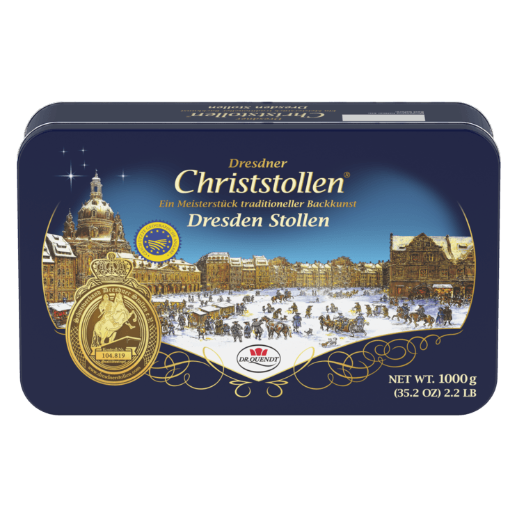Dr. Quendt Dresdner Christstollen Dose 1kg - Saftiger Christstollen für festliche Anlässe in großzügiger Verpackung