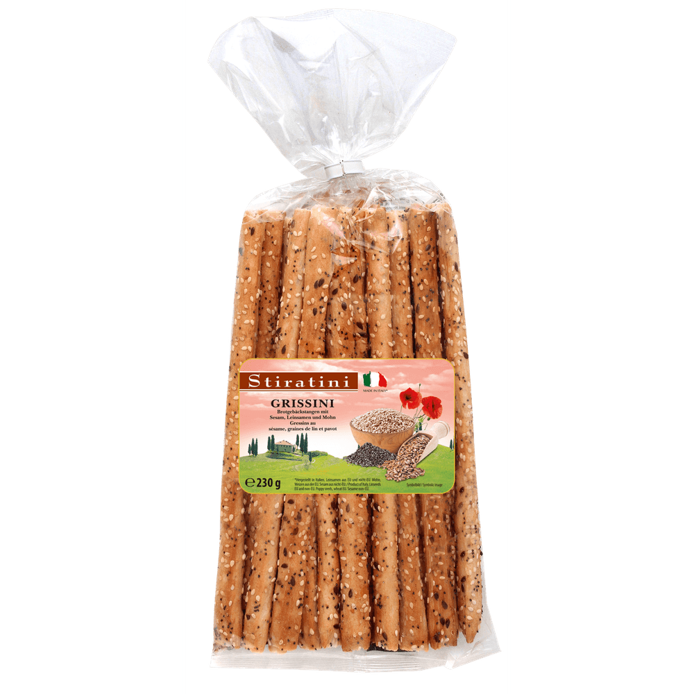 Stiratini Grissini Brotgebäckstangen mit Leinsamen, Sesam und Mohn 230g