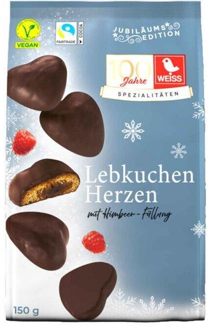 Weiss Gefüllte Lebkuchen-Herzen Zartbitter Himbeere 150 g
