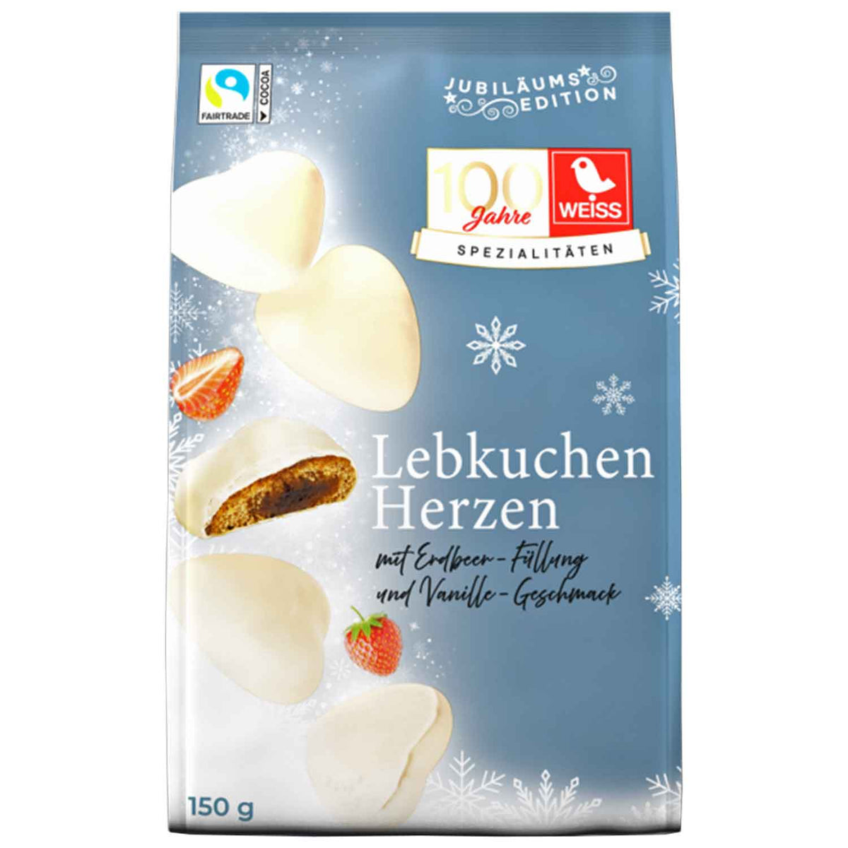 Weiss Lebkuchen-Herzen Erdbeer-Vanille & weiße Schokolade 150 g – eine Originalpackung