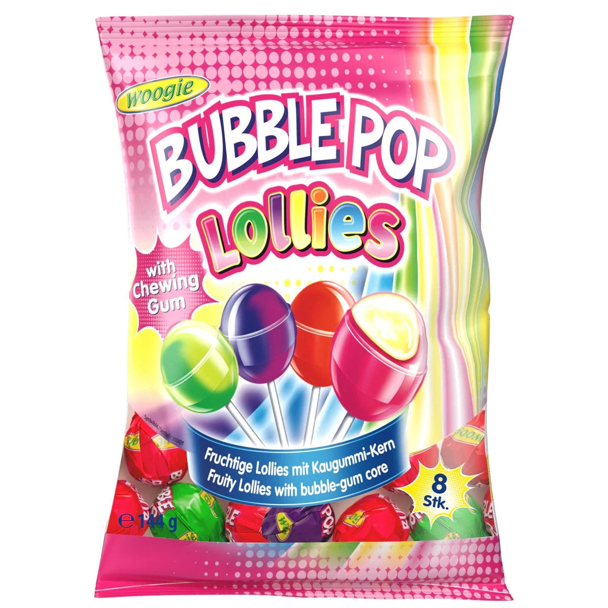 Woogie Bubble Pop Lollies Frucht Lutscher mit Kaugummi 144g 58c806-2