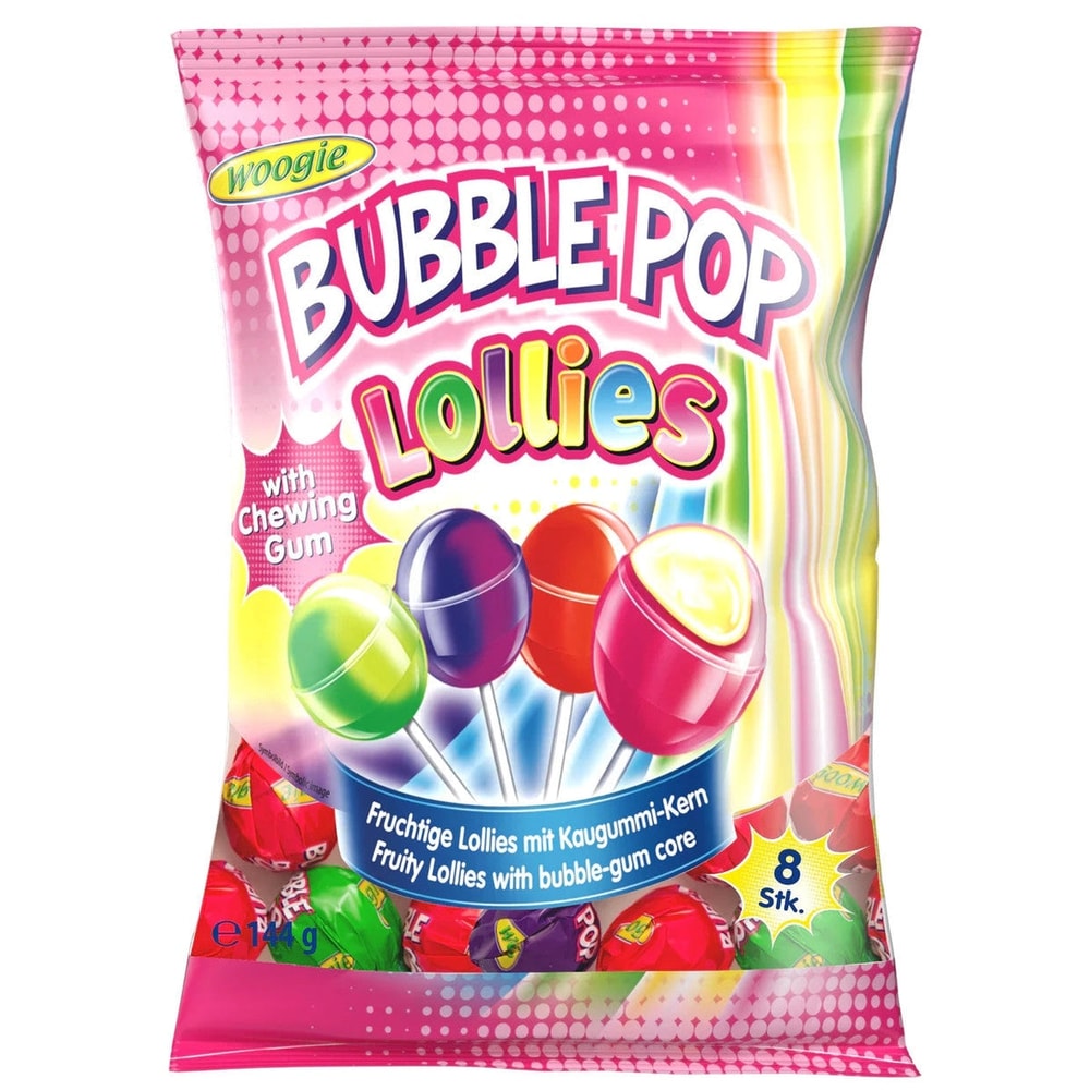 Woogie Bubble Pop Lollies Frucht Lutscher mit Kaugummi 144g
