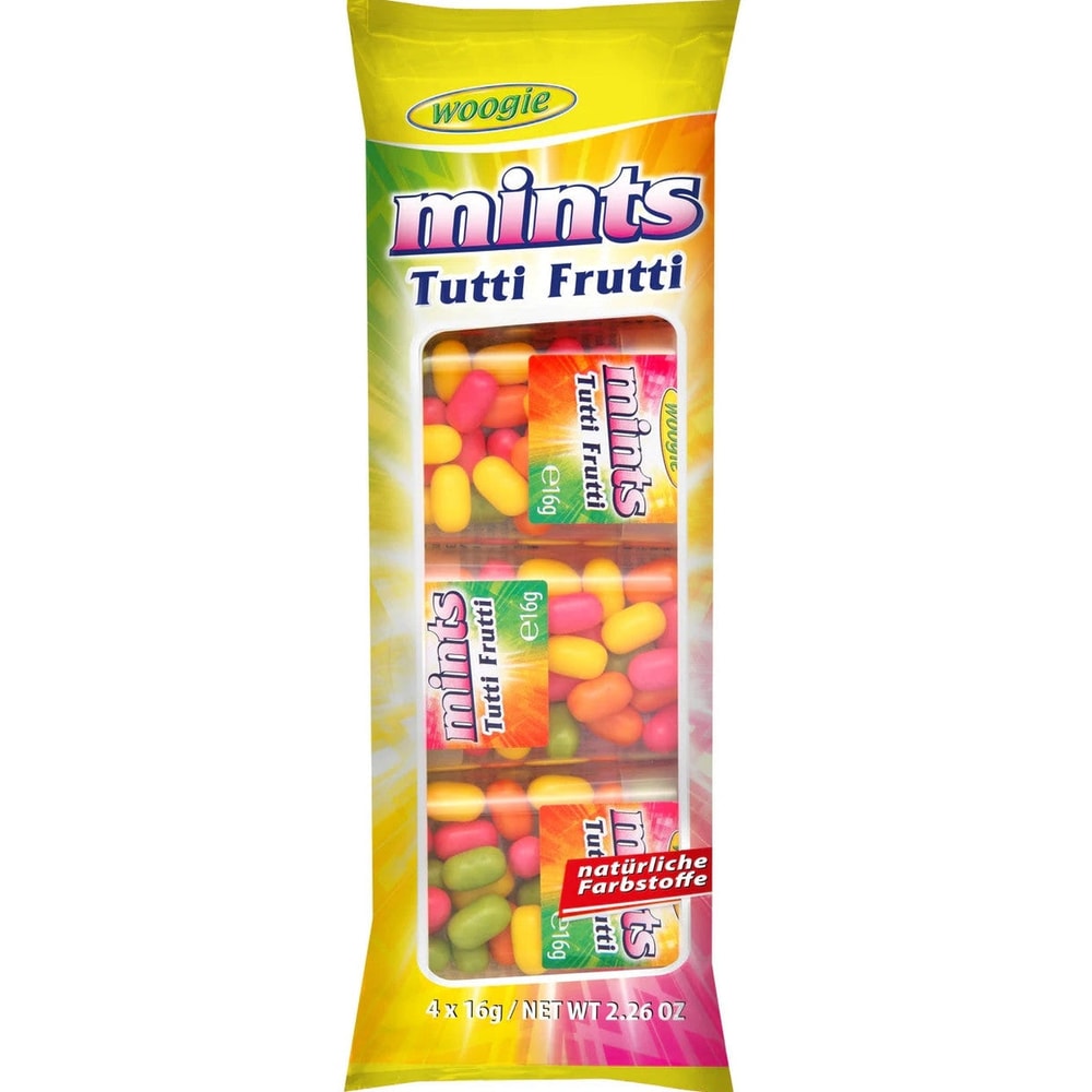 Woogie Mints Tutti Frutti Zuckerdragees Fruchtgeschmack 4x16g = 64g