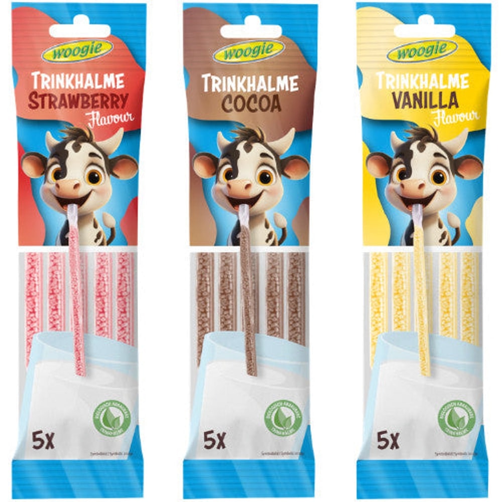 Woogie Trinkhalme Vanille Kakao Erdbeere 30g 5x6g Zuckerperlen