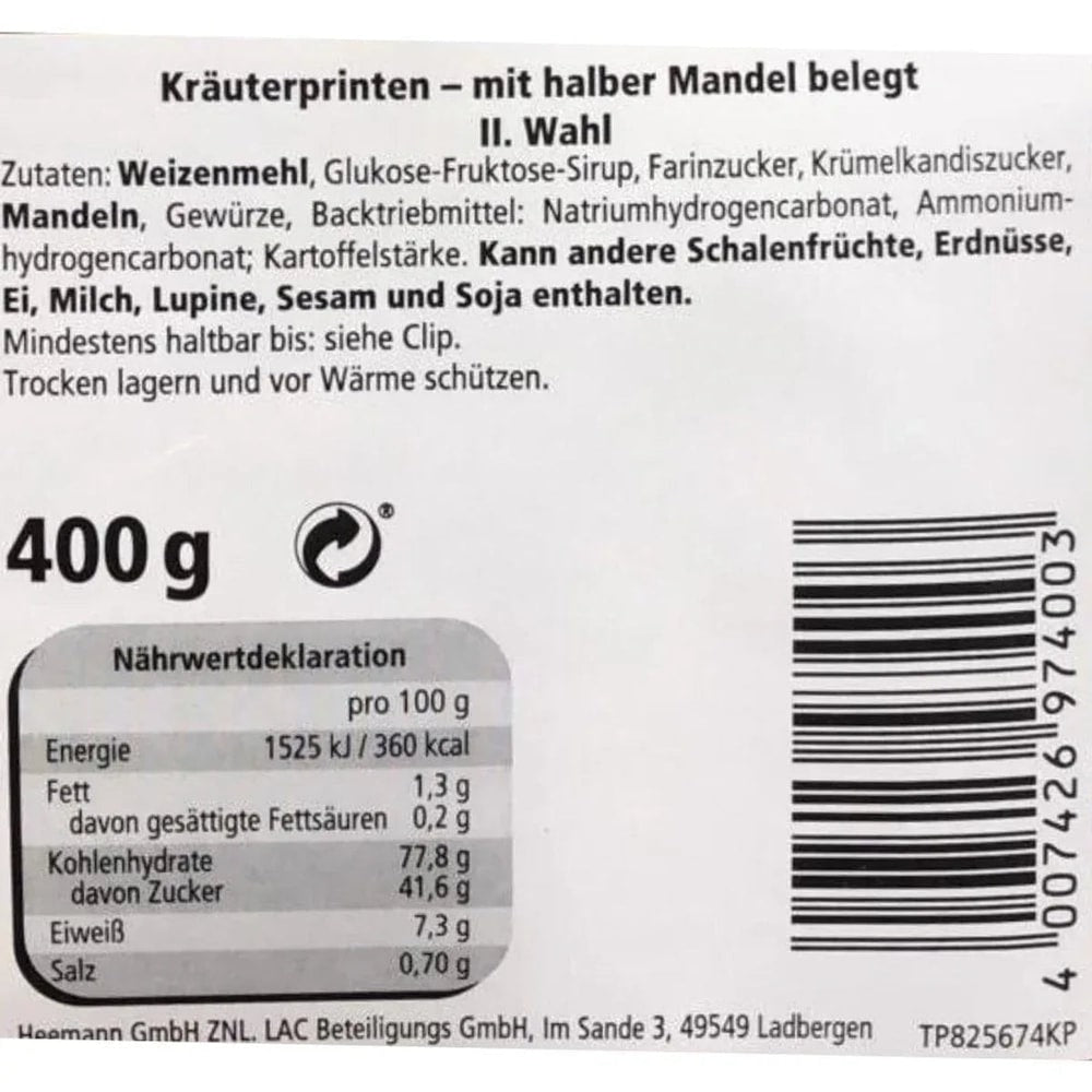 Lambertz Kräuter Printen 5 x 400g mit halber Mandel belegt 2 kg.