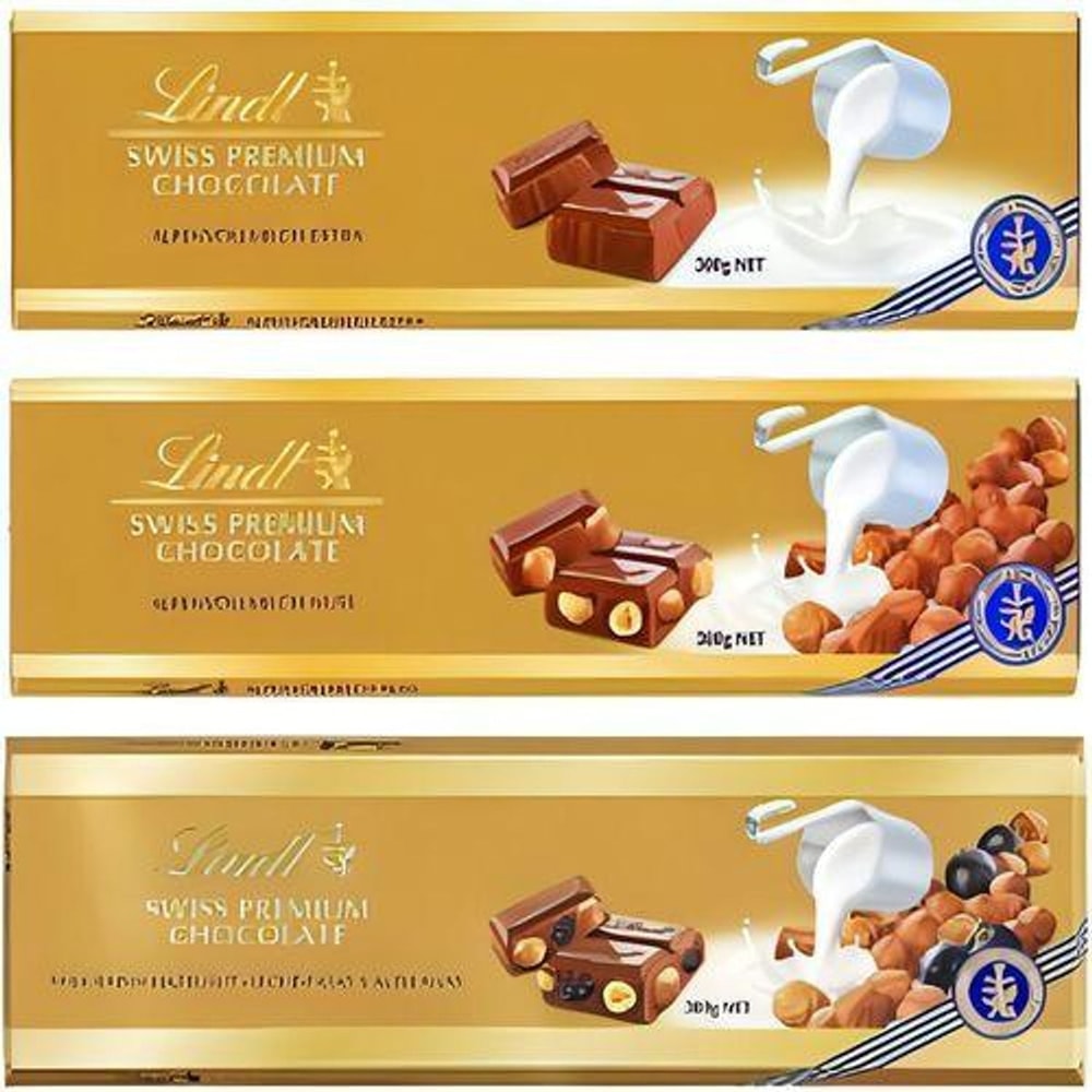 Lindt Alpen-Vollmilch-,Vollmilch-Nuss-,Traube Nuss-Schokolade Extra 3x 300g