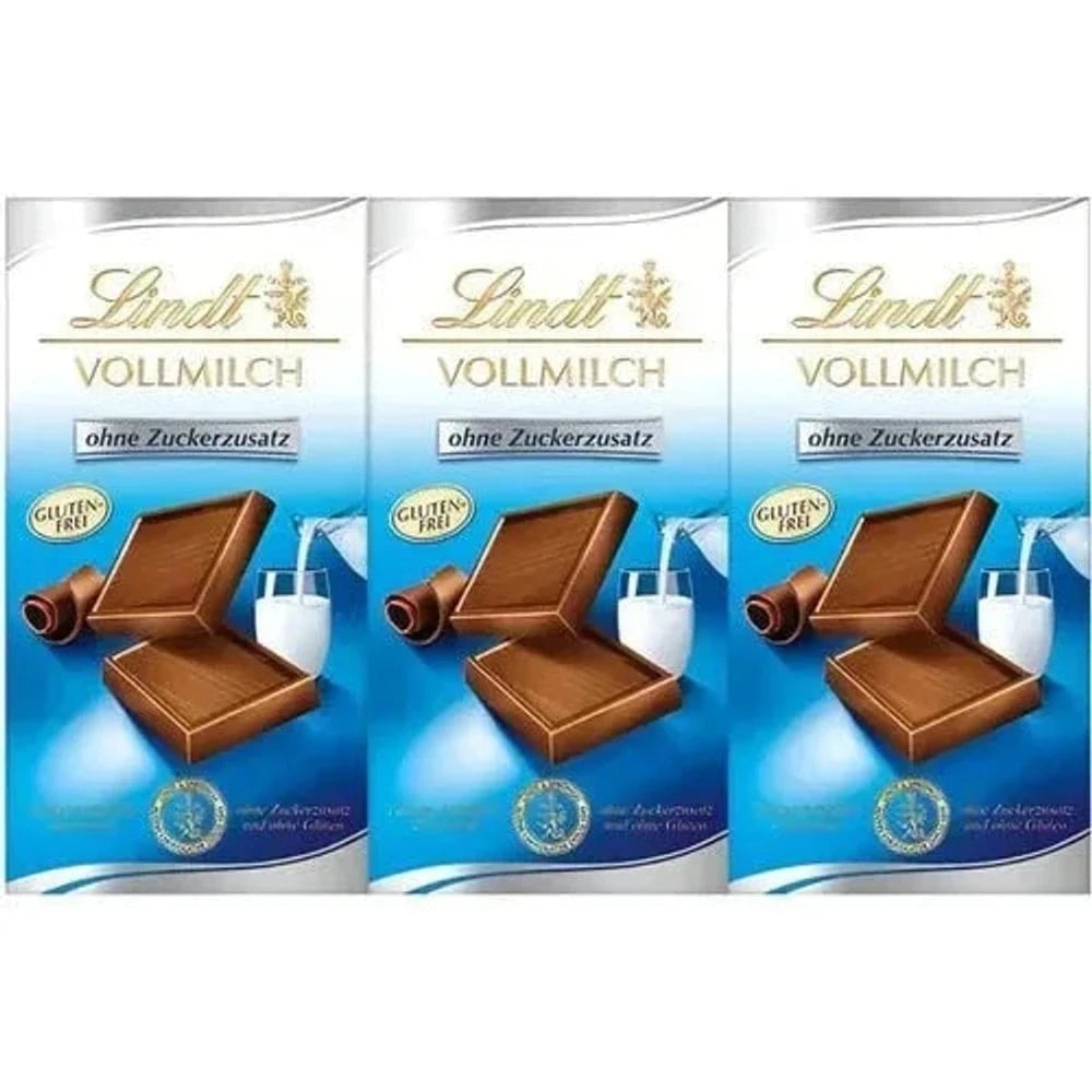 Lindt Feinste Vollmilch Chocolade ohne Zuckerfrei und Glutenfrei 3x 100g