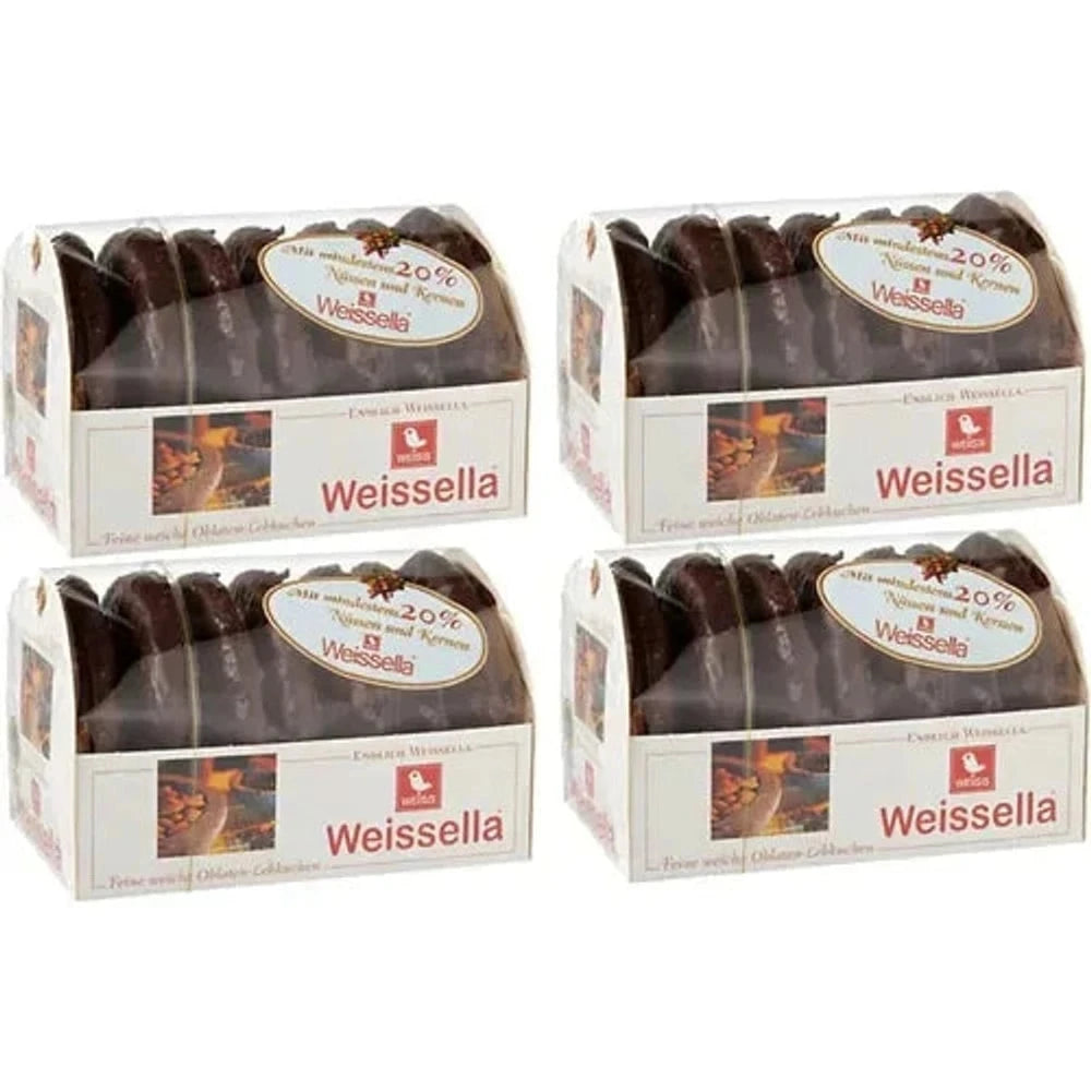 WEISS 4x 200g Weissella Oblaten Lebkuchen Schokolade ZB mit 20% Nüssen 800g